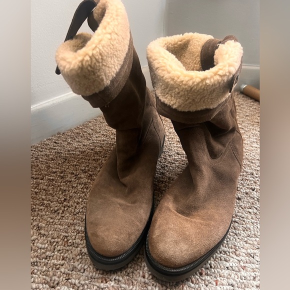 Aquatalia Perdi Weatherproof Taupe Suede lined shearling Cuff Ankle Boot 9 - Picture 13 of 15